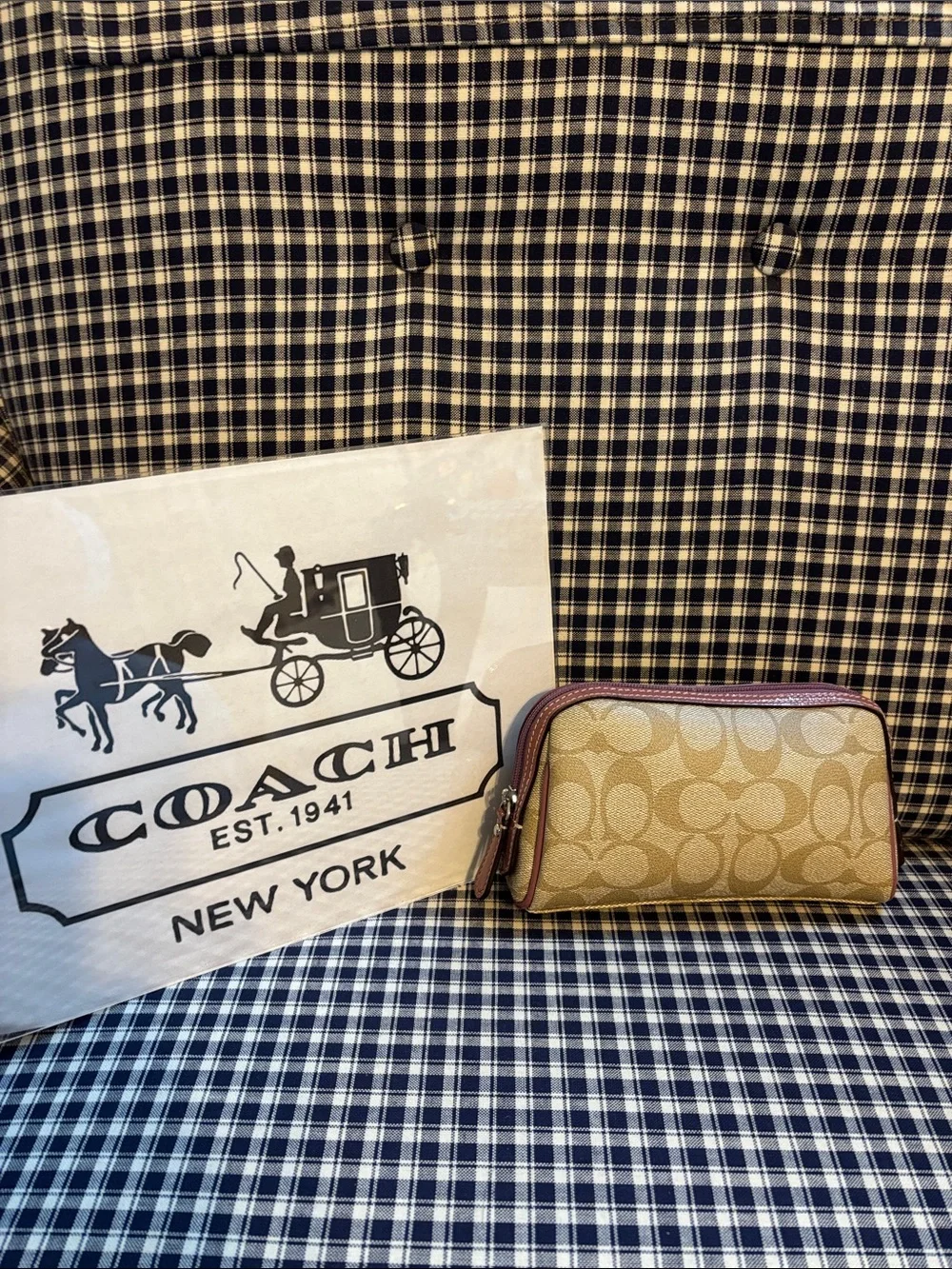Coach Khaki Signature Canvas Cosmetic Case with mauve  Trim